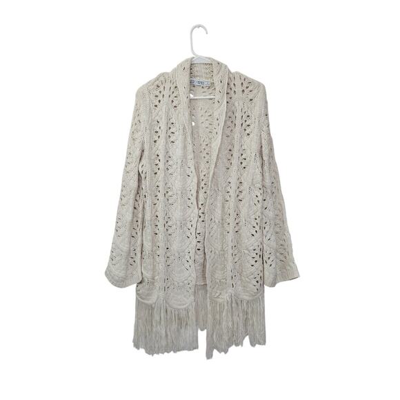 Boho Open Front Crochet Knit Fringe Cardigan Sweater Cream Sz Small Long Sleeve - Picture 1 of 8